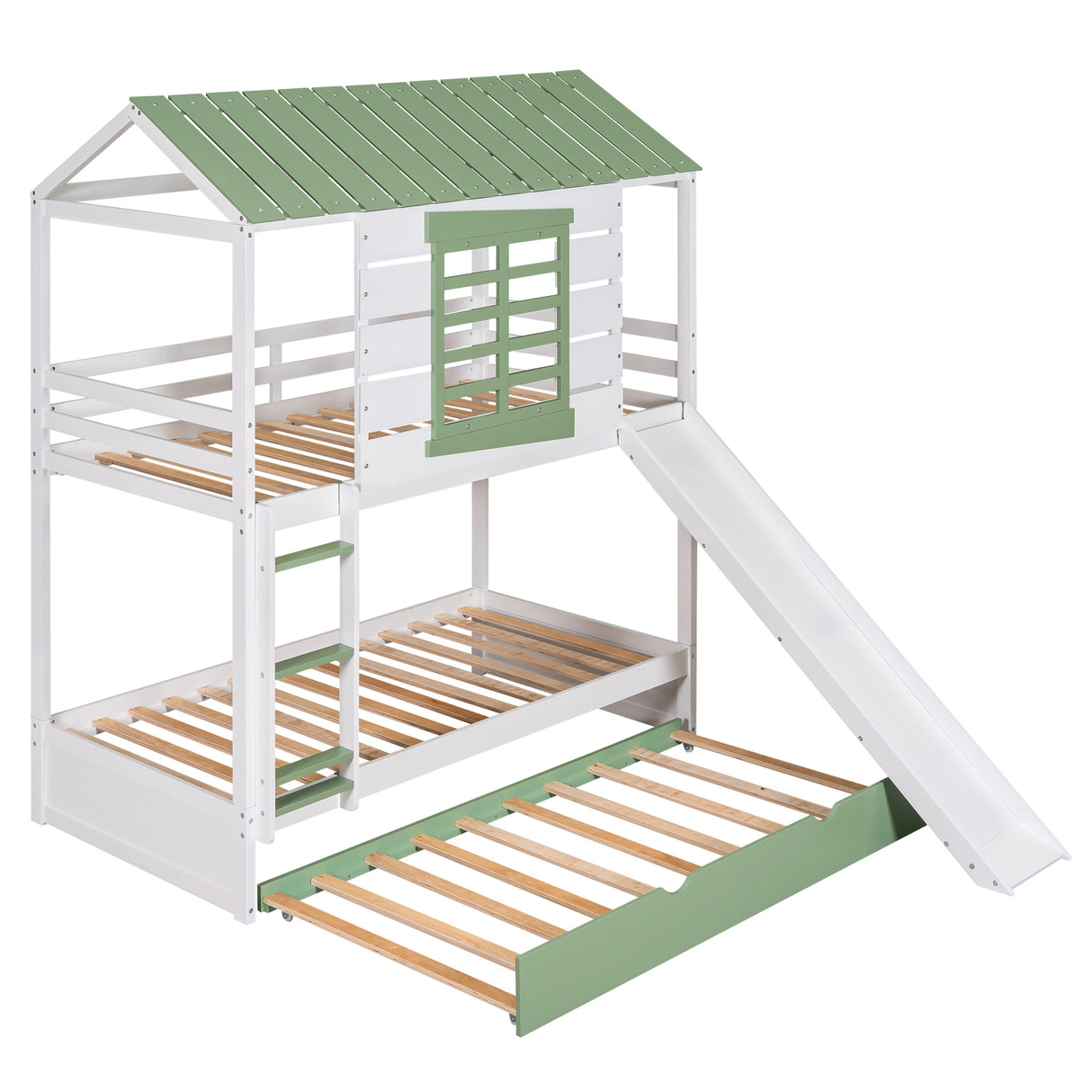 Twin over Twin Size House Bunk Bed with Convertible Slide and Trundle, White+Green - Home Elegance USA