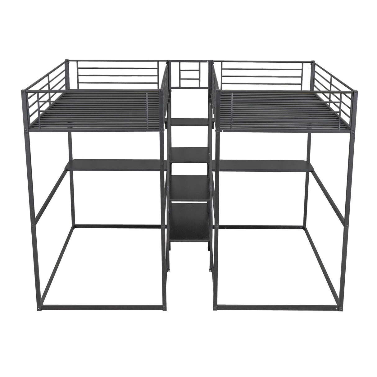 Double Twin over Twin Metal Bunk Bed with Desk, Shelves and Storage Staircase, Black - Home Elegance USA