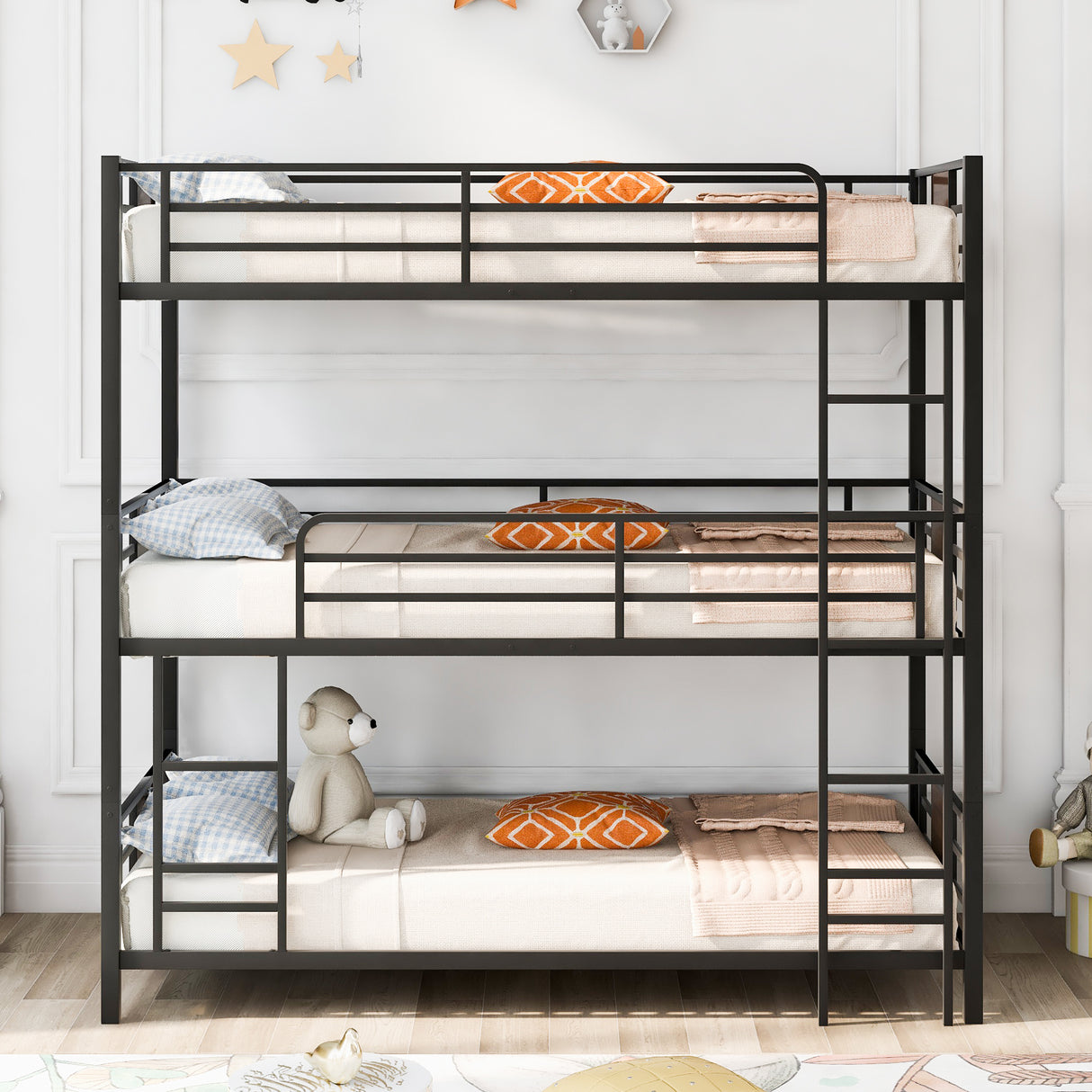 Twin Size Triple Metal Bunk Bed, with Wood Decoration Headboard and Footboard, Brown - Home Elegance USA