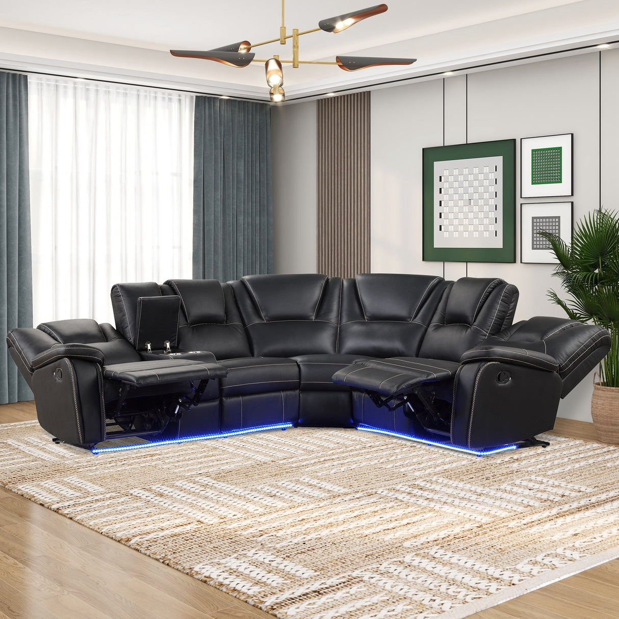 Modern Faux Leather Manual Reclining with Center Console with LED Light Strip,Living Room Furniture Set,PU Symmetrical Couch with 2 Cup Holders and Storage for Living room,Black - Home Elegance USA