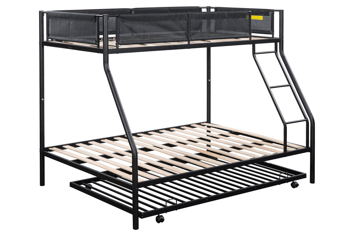Twin over Full Metal Bunk Bed with Trundle (Wood Slat and Textilene Guardrail) - Home Elegance USA