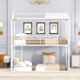 Twin Over Twin Bunk Bed Metal Bed with Half Roof, Guardrail and Ladder White - Home Elegance USA