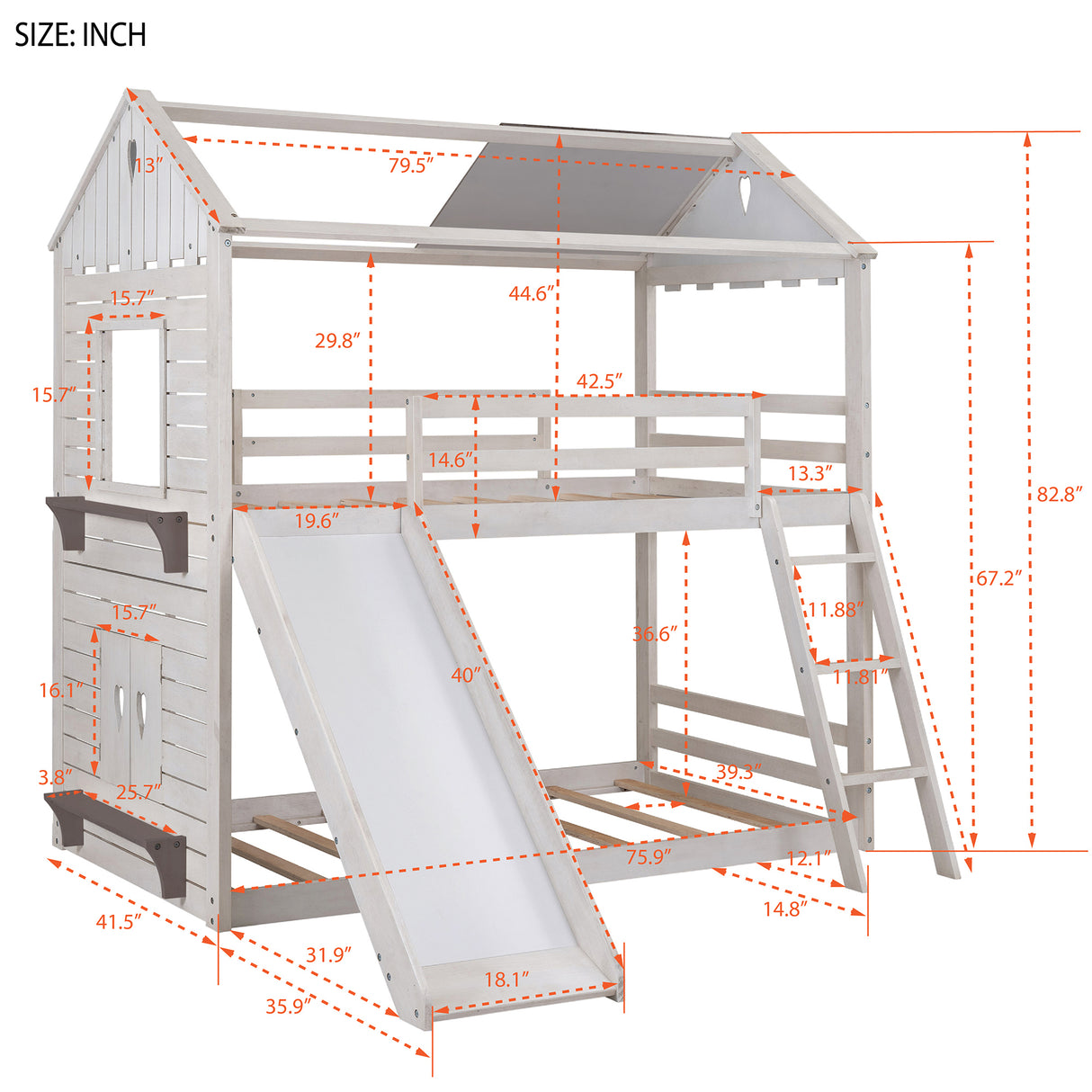 Twin Over Twin Bunk Bed Wood Bed with Roof, Window, Slide, Ladder ,Antique White(OLD SKU:LP000059AAK) - Home Elegance USA