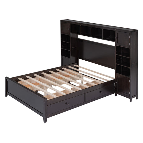 Full Size Wooden Bed With All-in-One Cabinet and Shelf, Espresso - Home Elegance USA