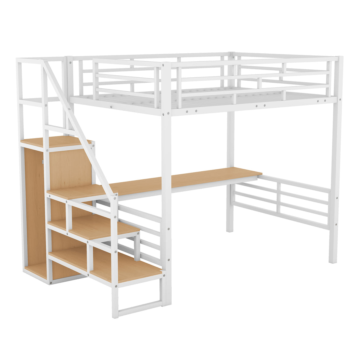 Full Size Metal Loft Bed with Desk, Storage Staircase and Small Wardrobe, Storage stairs can be installed left and right, White - Home Elegance USA