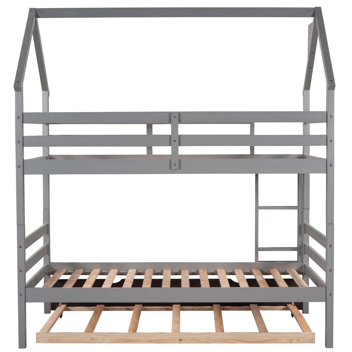 Twin over Twin House Bunk Bed with Trundle and Chimney Design,Gray - Home Elegance USA