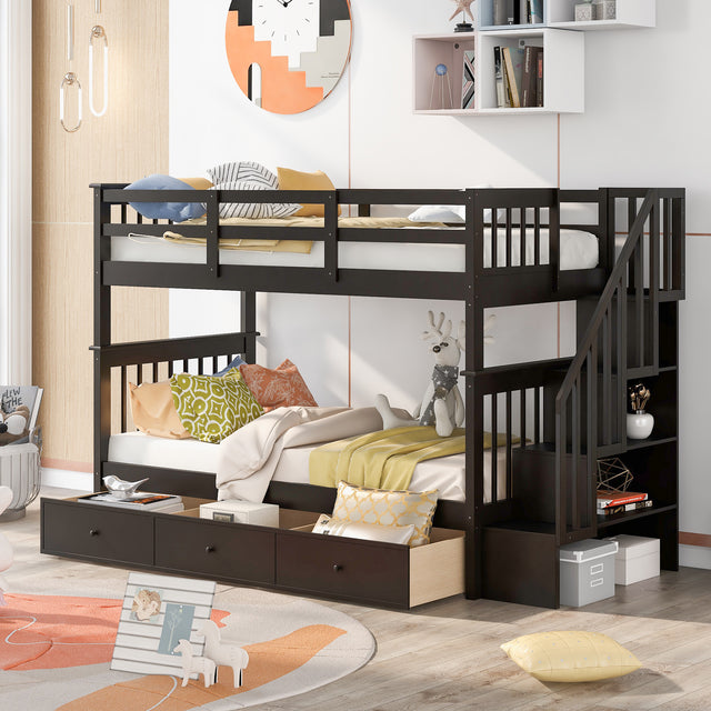 Stairway Twin-Over-Twin Bunk Bed with Three Drawers for Bedroom, Dorm - Espresso(Old sku: LP000309AAP) - Home Elegance USA