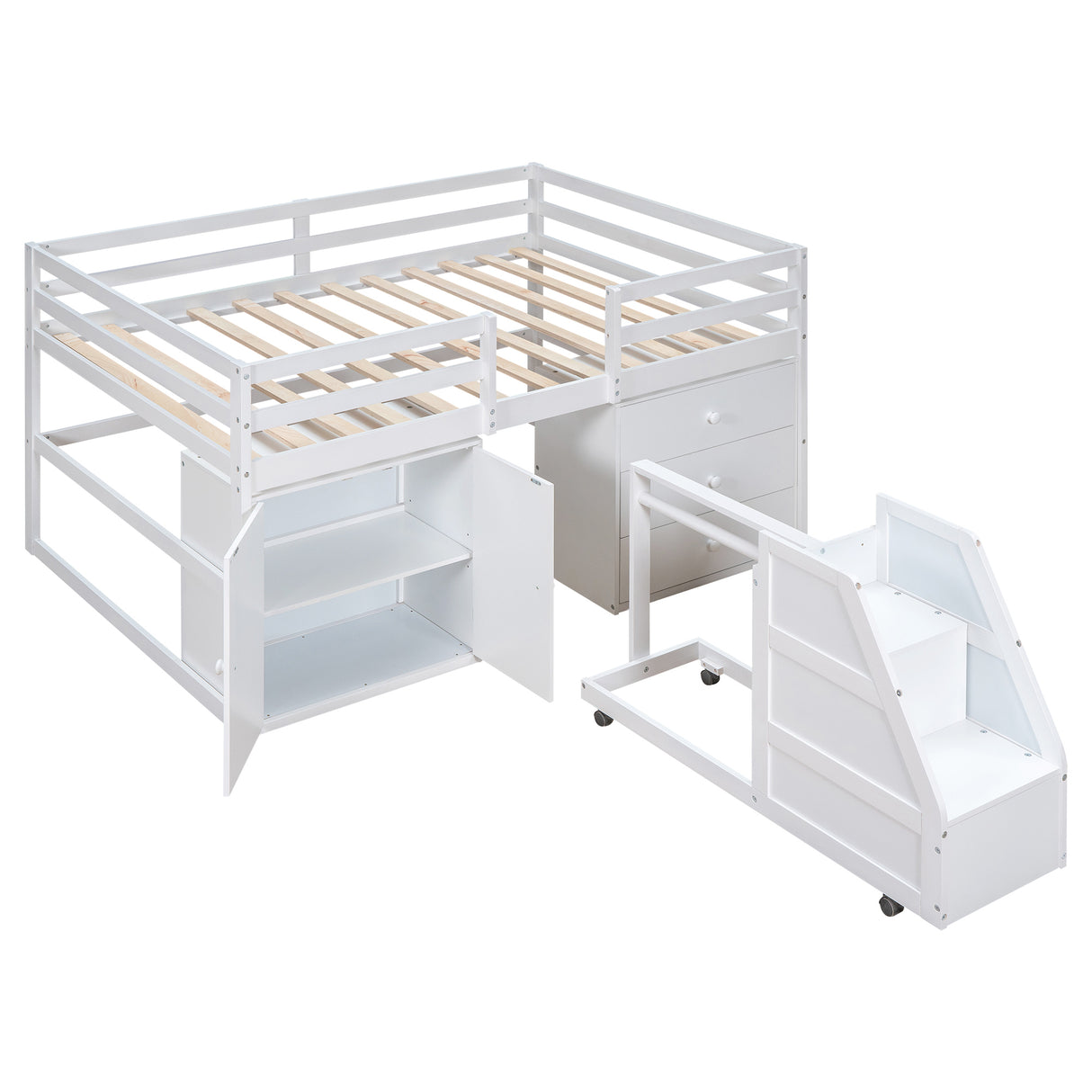 Full Size Functional Loft Bed with Cabinets and Drawers, Hanging Clothes at the back of the Staircase, White - Home Elegance USA