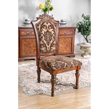 Traditional Fancy Set of 2pcs Side Chairs Brown Cherry Solid wood Intricate Carved Details Floral Design Print Fabric Seats Formal Dining Room Furniture - Home Elegance USA