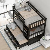 Twin over Twin Wood Bunk Bed with Trundle and Drawers, Espresso - Home Elegance USA