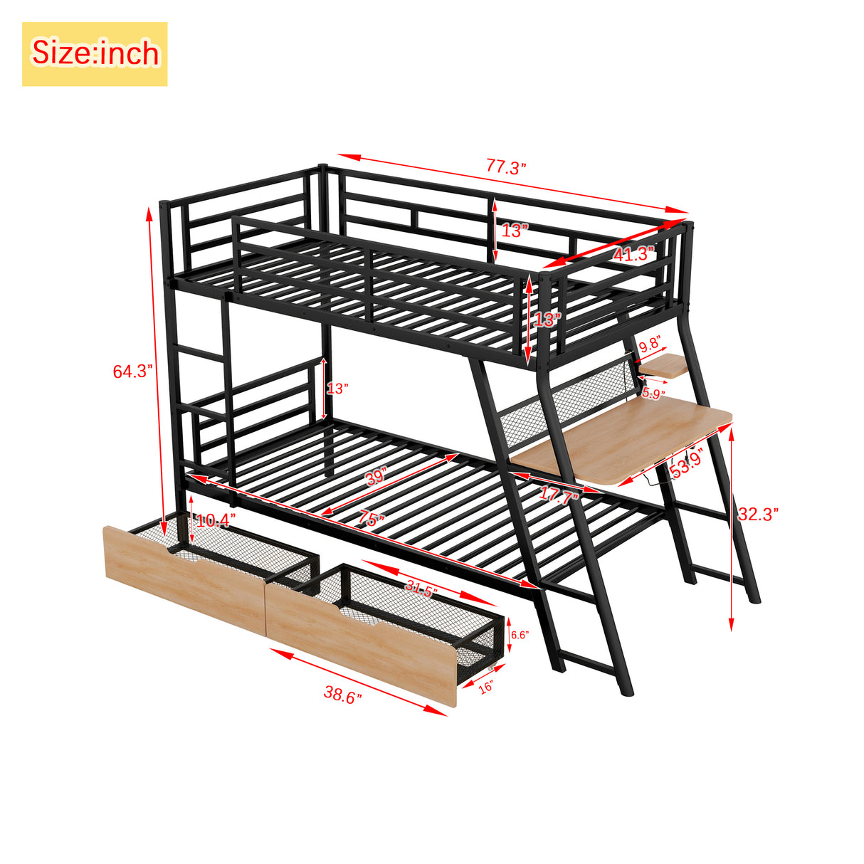 Twin Size Metal Bunk Bed with Built-in Desk, Light and 2 Drawers, Black(Expected Arrival Time: 9.18)