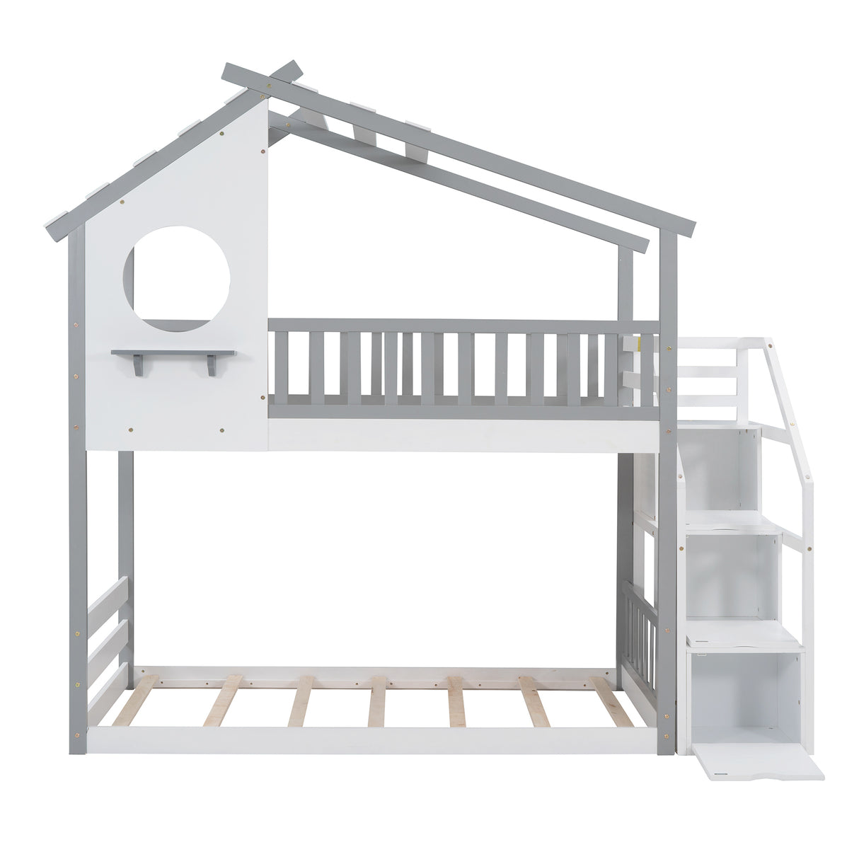 Stairway Twin-Over-Twin Bunk Bed,House Bed,Storage and Guard Rail,Gray Bed +White Stair - Home Elegance USA