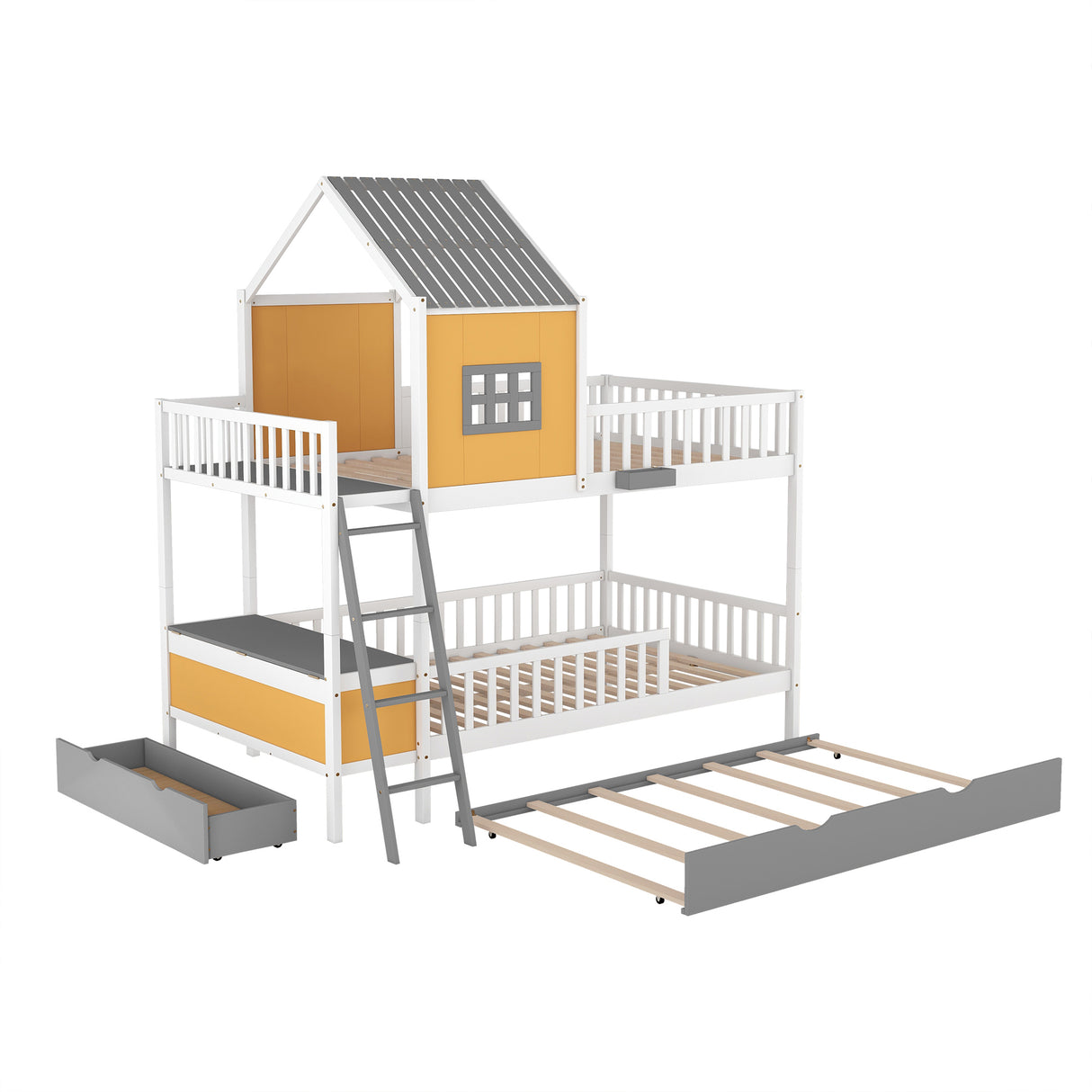 Full over Full Bunk Bed with Twin Size Trundle , Farmhouse Bed with Storage Box and Drawer - Yellow - Home Elegance USA