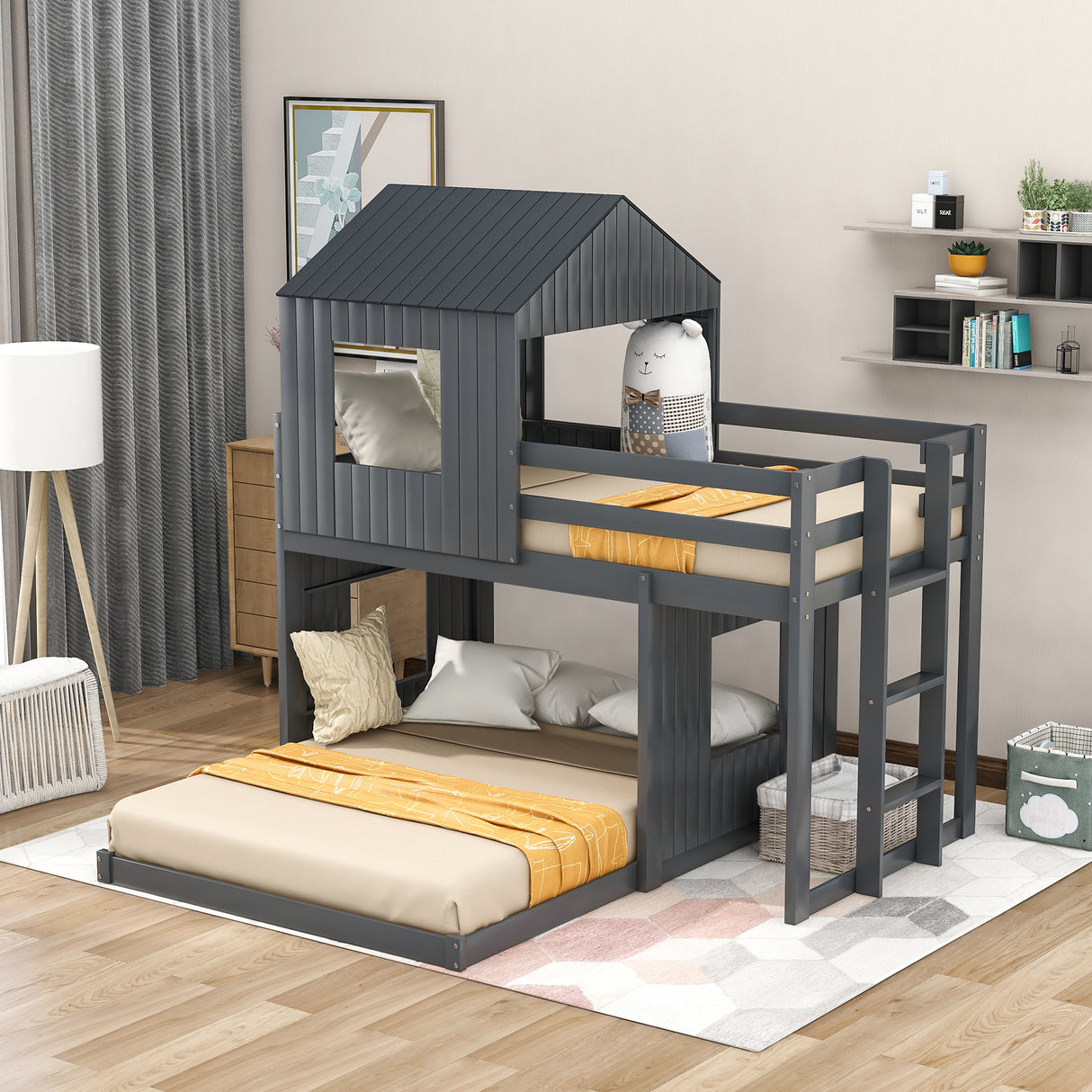 Wooden Twin Over Full Bunk Bed, Loft Bed with Playhouse, Farmhouse, Ladder and Guardrails , Gray( old sku: LP000027AAN ) - Home Elegance USA