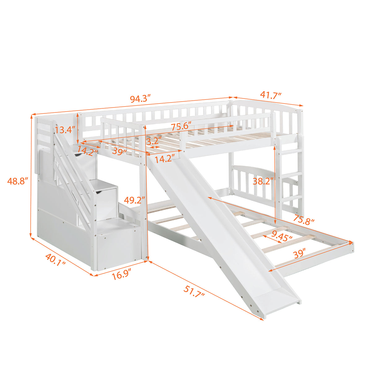 Stairway Twin over Twin Bunk Bed with Two Drawers and Slide, White(OLD SKU :LP000156AAK) - Home Elegance USA