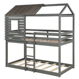 Twin Over Twin Bunk Bed Wood Loft Bed with Roof, Window, Guardrail, Ladder (Gray)(OLD SKU: LP000088AAN) - Home Elegance USA