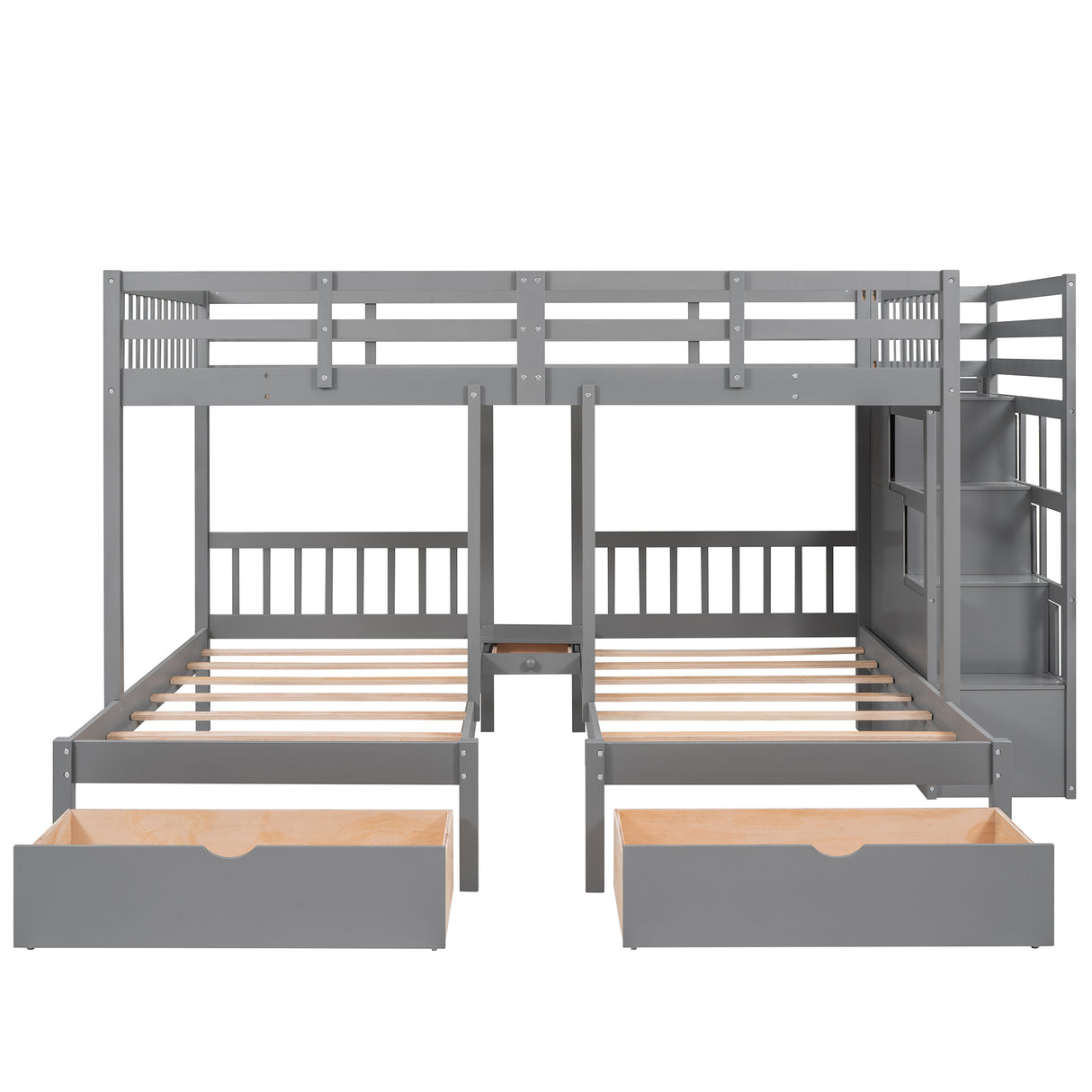 Full Over Twin & Twin Bunk Bed, Wood Triple Bunk Bed with Drawers and Guardrails (Gray) Home Elegance USA