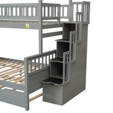 Twin over Full Size House Bunk Bed with Storage Staircase and Trundle,Full-Length Guardrail,Gray - Home Elegance USA