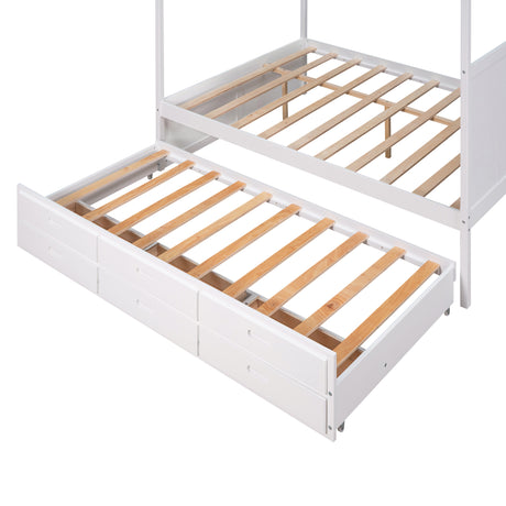 Queen Size Canopy Platform Bed with Twin Size Trundle and Three Storage Drawers,White - Home Elegance USA