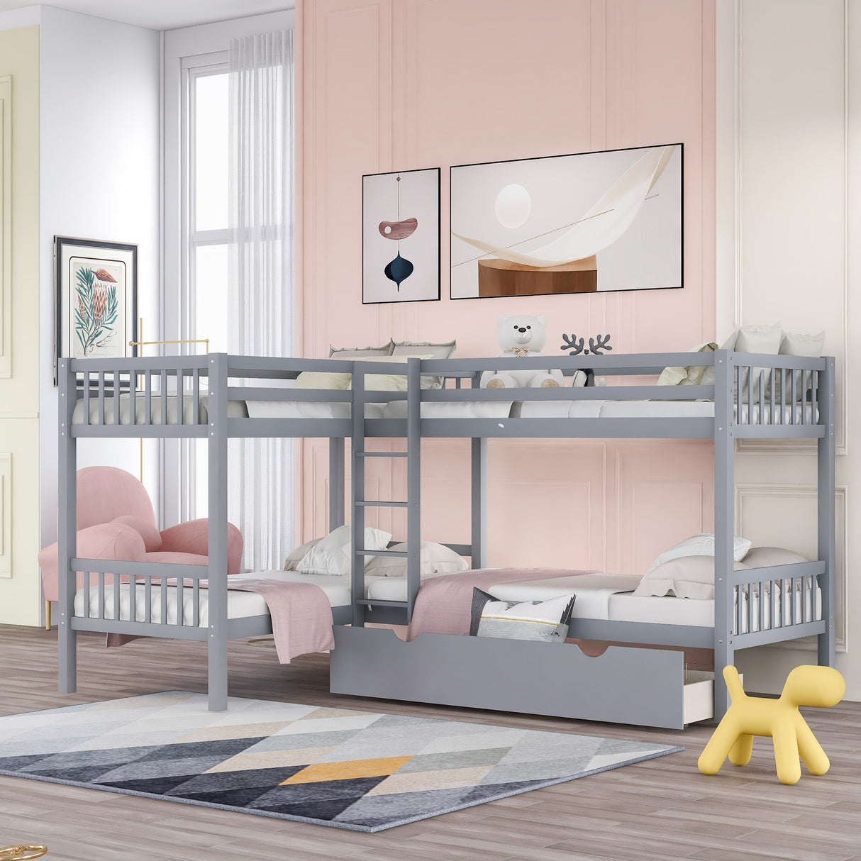 Twin L-Shaped Bunk bed with Drawers-Gray(OLD SKU :LP000038AAE) - Home Elegance USA