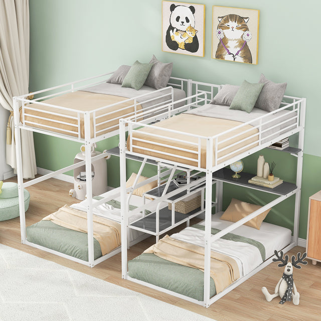 Double Twin over Twin Metal Bunk Bed with Desk, Shelves and Storage Staircase, White - Home Elegance USA