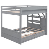 Wood Full Size Convertible Bunk Bed with Storage Staircase, Bedside Table, and 3 Drawers, Gray - Home Elegance USA