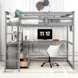 Full Size Loft Bed with Desk and Shelves,Two Built-in Drawers,Gray - Home Elegance USA