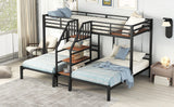 Metal Twin over Twin & Twin Bunk Bed, Triple Bunk Bed with Storage Shelves Staircase, Black - Home Elegance USA