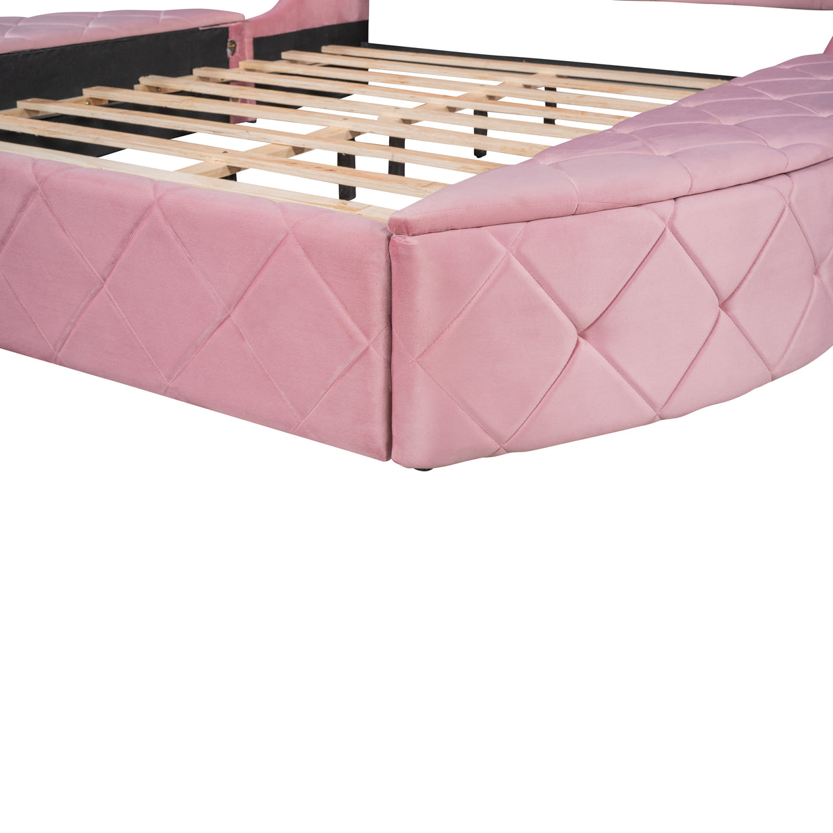 Upholstered Platform Bed Queen Size Storage Velvet Bed with Wingback Headboard and 1 Big Drawer,2 Side Storage Stool(Pink) - Home Elegance USA