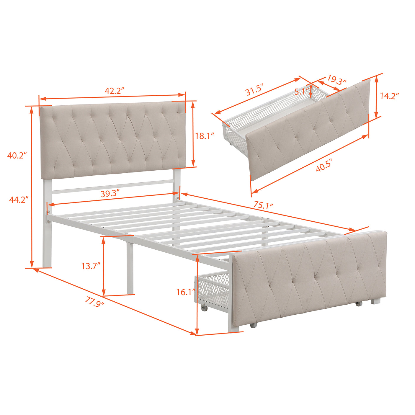 Twin Size Storage Bed Metal Platform Bed with a Big Drawer - Beige - Home Elegance USA