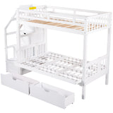 Twin over Full Bunk Bed with Two Drawers and Staircase, Down Bed can be Converted into Daybed,White - Home Elegance USA