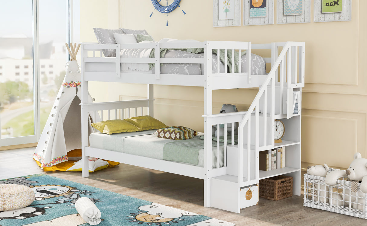 Stairway Twin-Over-Twin Bunk Bed with Storage and Guard Rail for Bedroom, Dorm, White color(OLD SKU :LP000109AAK) - Home Elegance USA