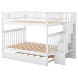 Full over Full Bunk Bed with Trundle and Staircase,White - Home Elegance USA