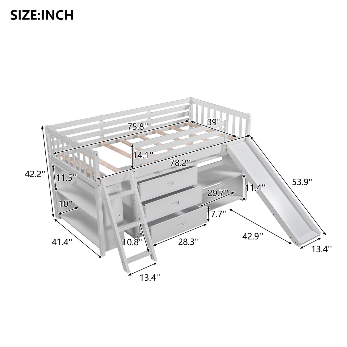 Low Loft Bed with Attached Bookcases and Separate 3-tier Drawers,Convertible Ladder and Slide,Twin,White - Home Elegance USA