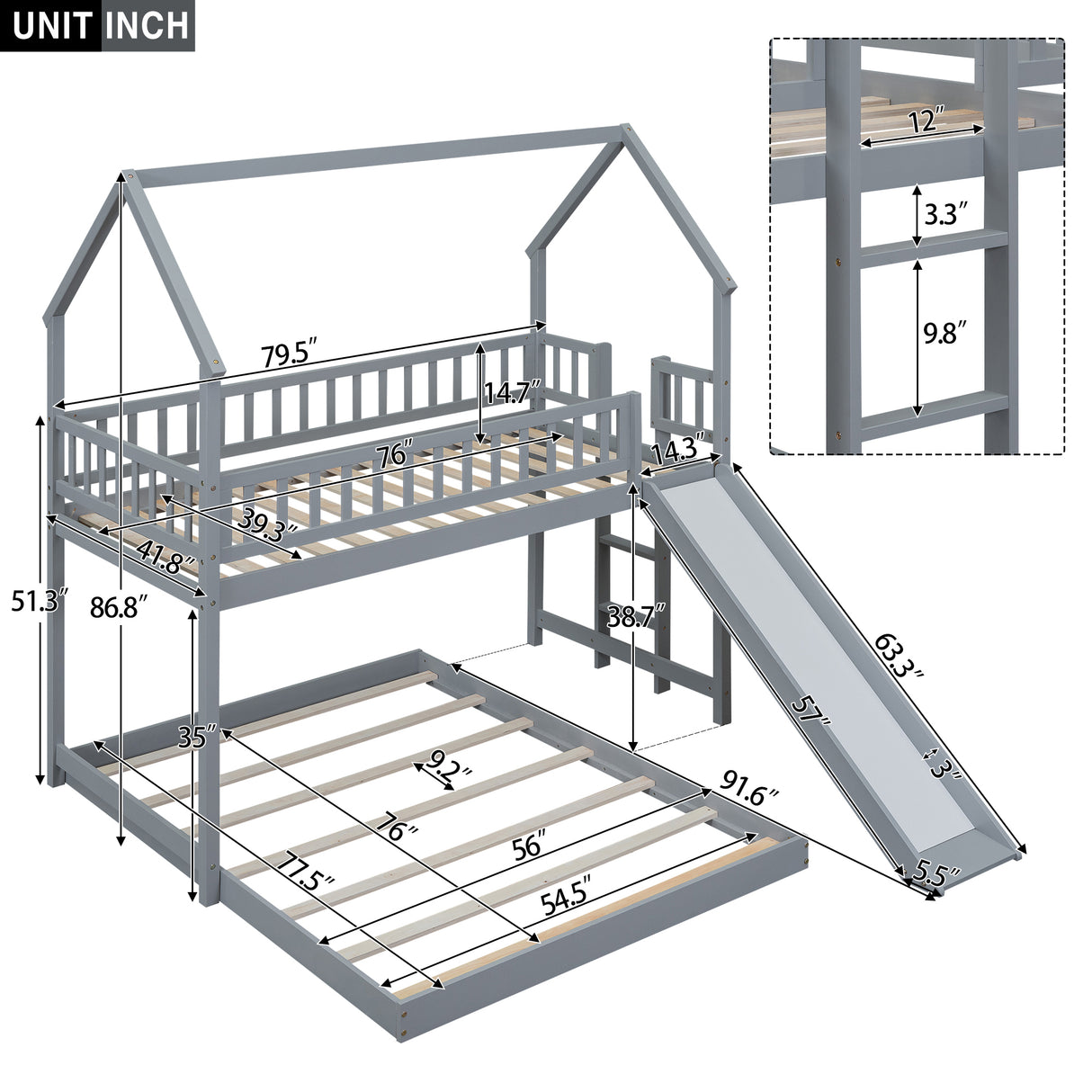 Twin over Full House Bunk Bed with Slide and Built-in Ladder, Full-Length Guardrail, Gray (Expected Arrival Time:8.10) - Home Elegance USA