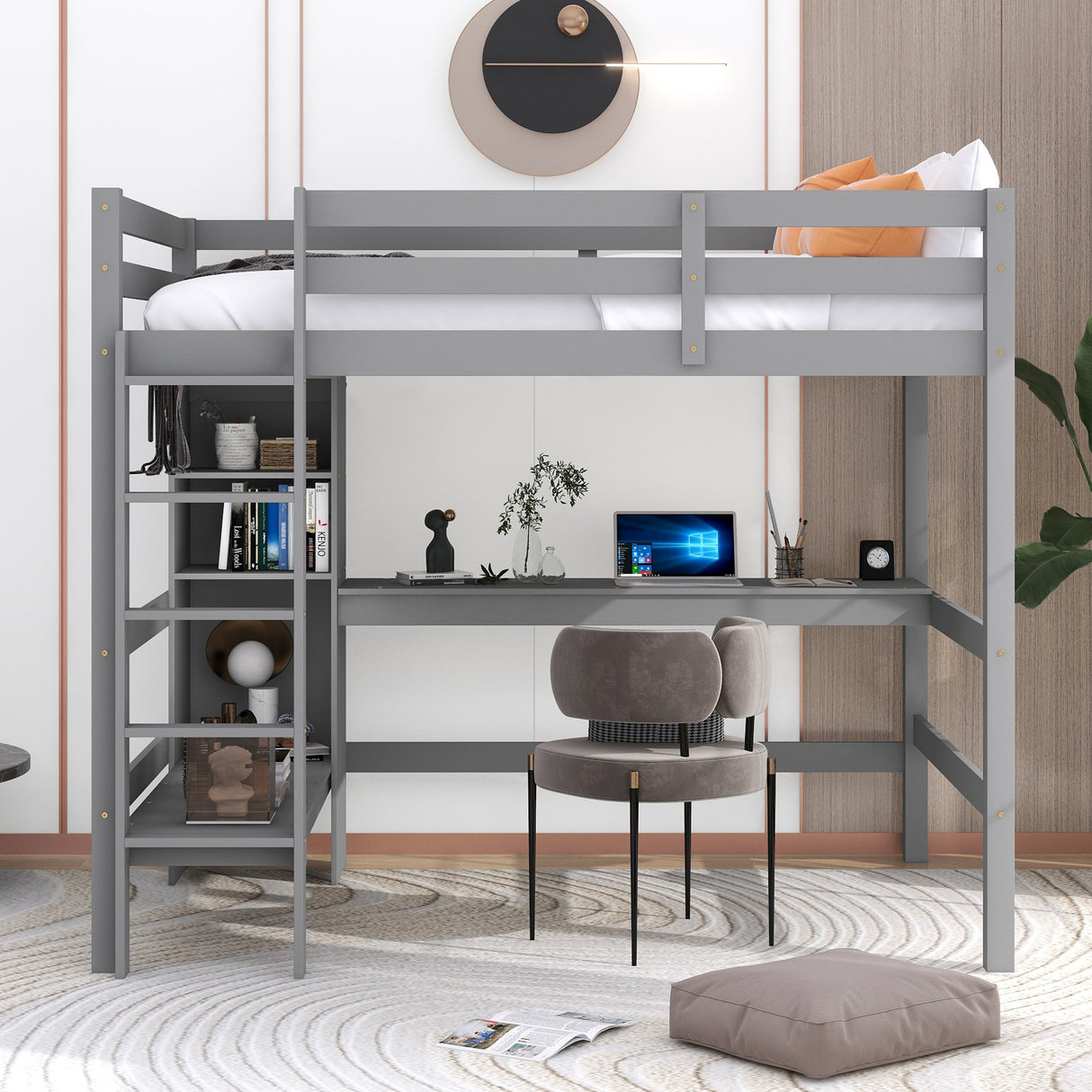 Full Size Loft Bed with Multifunction Shelves and Under-bed Desk, Gray - Home Elegance USA