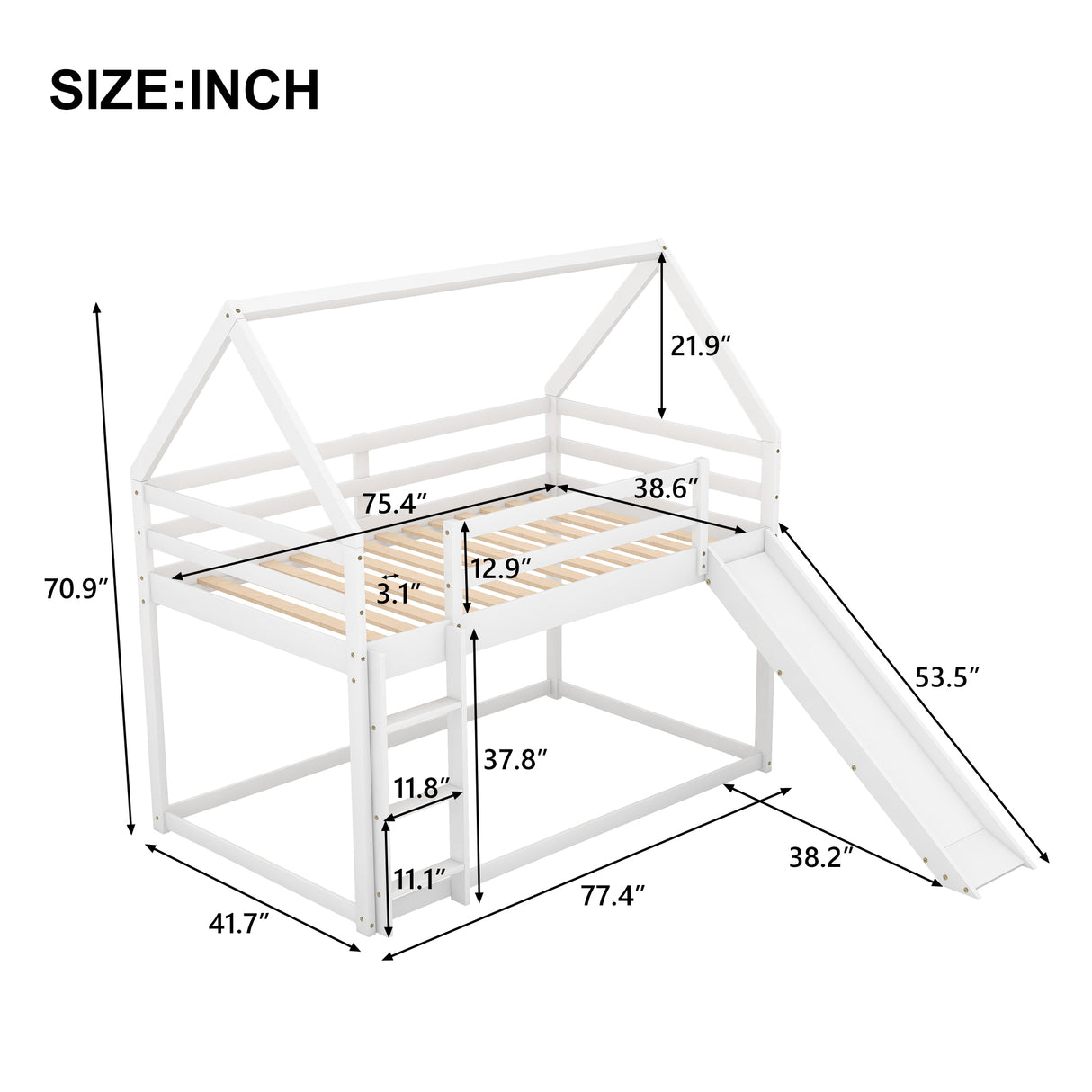 Twin Size Bunk House Bed with Slide and Ladder,White - Home Elegance USA