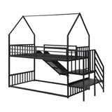 Twin Size Metal Bunk Bed House Bed with Slide and Staircase, Black