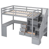 Twin Size Loft Bed with L-Shaped Desk and Drawers, Cabinet and Storage Staircase, Gray - Home Elegance USA