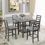 TREXM 5-Piece Wooden Counter Height Dining Set with Padded Chairs and Storage Shelving (Gray) - Home Elegance USA