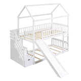 Twin Over Twin Bunk Bed with Drawers and Slide, House Bed with Slide,White(OLD SKU :LT000215AAK) - Home Elegance USA