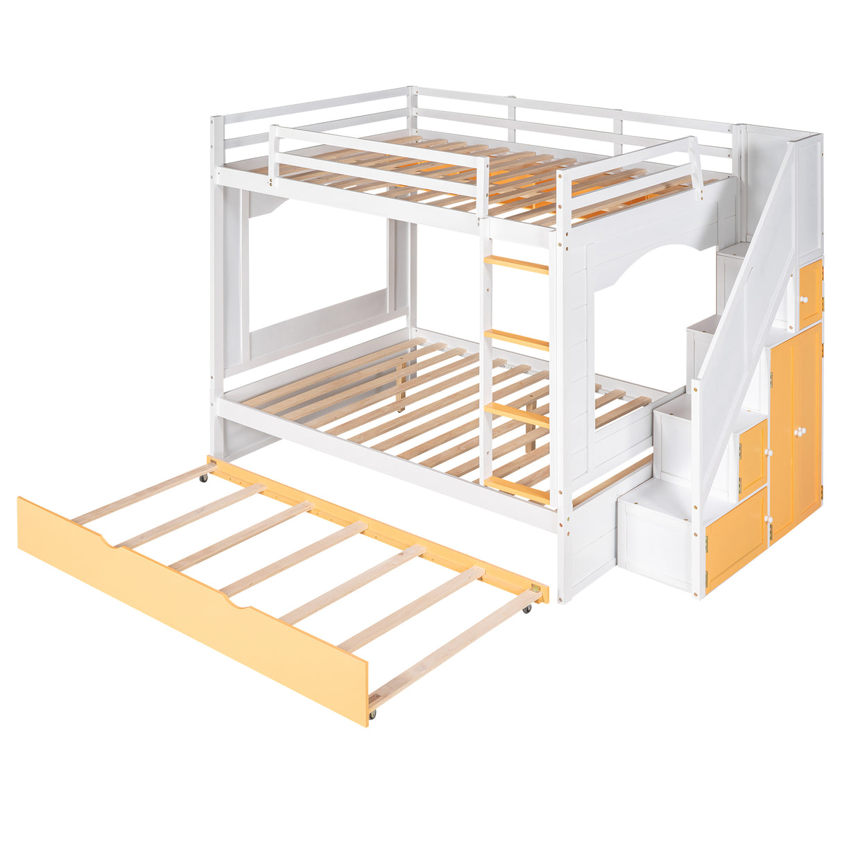 Full Over Full Bunk Bed with Trundle ,Stairs,Ladders Solid Wood Bunk bed with Storage Cabinet （White + Yellow） - Home Elegance USA