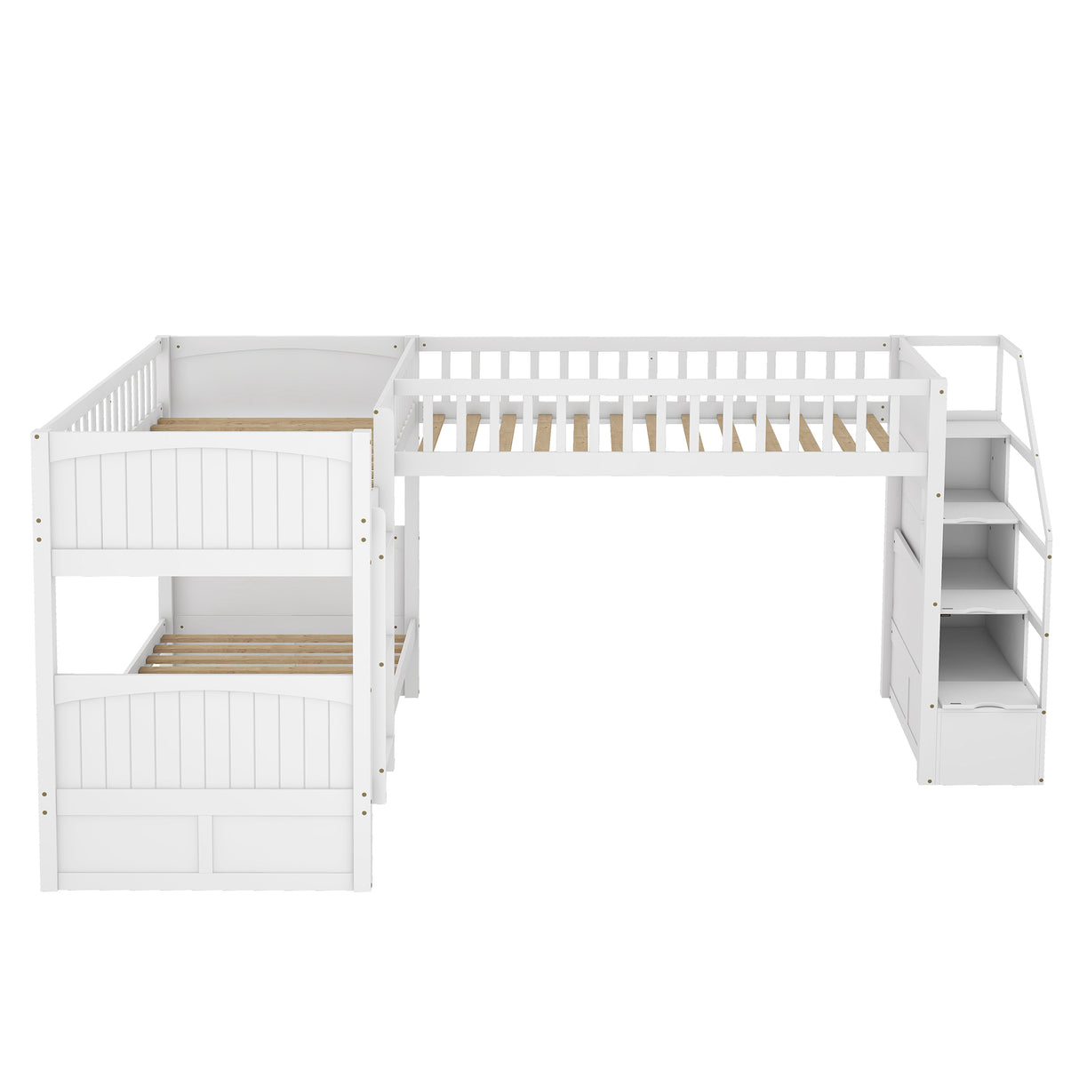 Twin over Twin Wooden L-Shaped Bunk Bed with Ladder and Stairway,White(OLD SKU:SM000303AAK-1) - Home Elegance USA