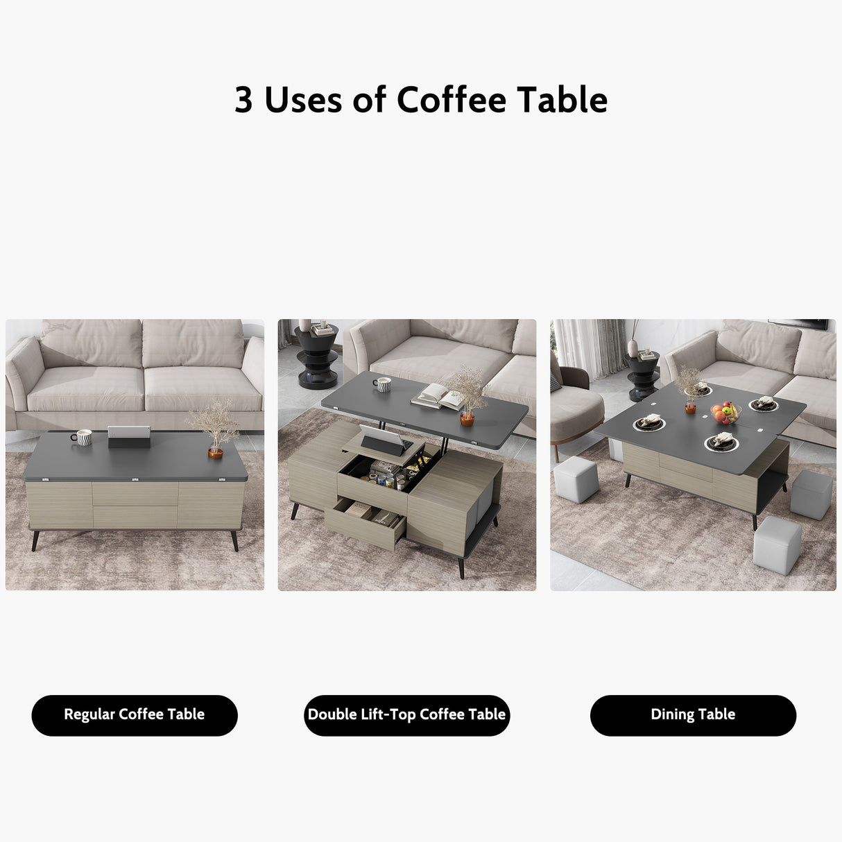 5 Pieces Lift Top Coffee Table Set with Storage Convertible Dining Table with Ottomans - CH307469AAG - image - 4