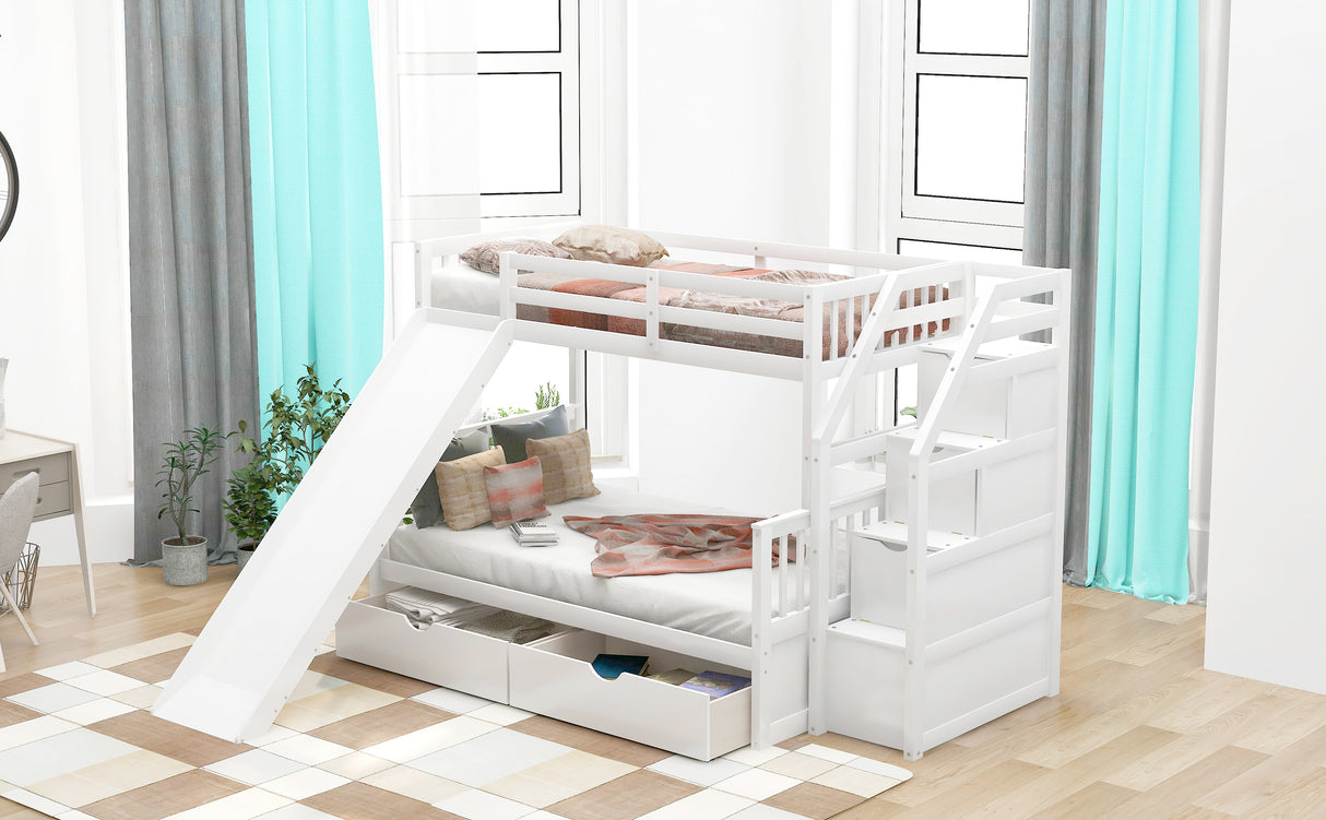 Twin over Full Bunk Bed with Drawers,Storage and Slide, Multifunction, White - Home Elegance USA