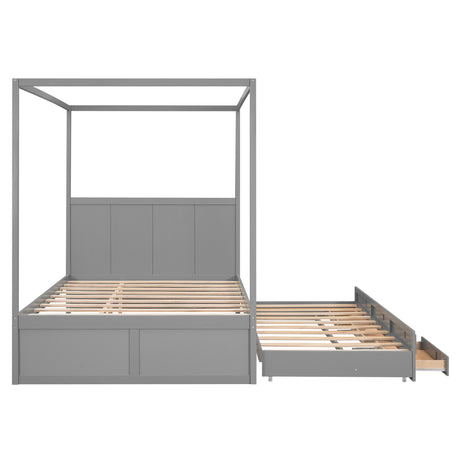 Queen Size Canopy Platform Bed with Twin Size Trundle and Three Storage Drawers,Gray - Home Elegance USA