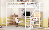 Full Size Metal Loft Bed with Desk, Storage Staircase and Small Wardrobe, Storage stairs can be installed left and right, White - Home Elegance USA