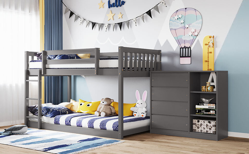 Twin over Twin Bunk Bed with 4 Drawers and 3 Shelves-Gray（OLD SKU: LP000067AAE） - Home Elegance USA