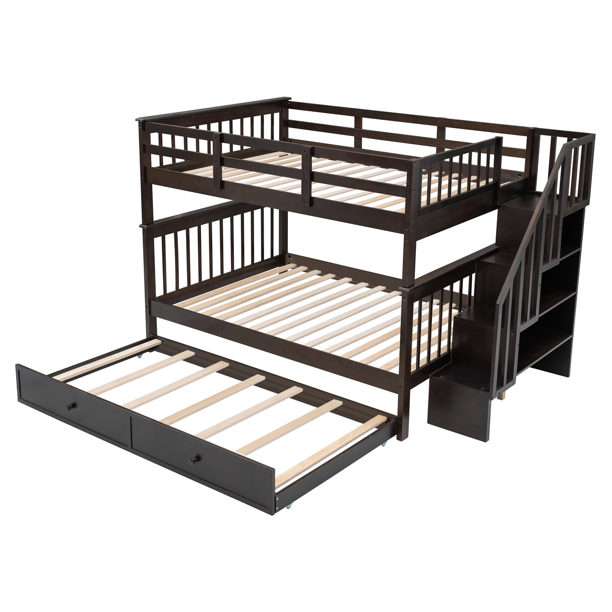 Stairway Full-Over-Full Bunk Bed with Twin size Trundle, Storage and Guard Rail for Bedroom, Dorm - Espresso(OLD SKU :LP001210AAP) - Home Elegance USA