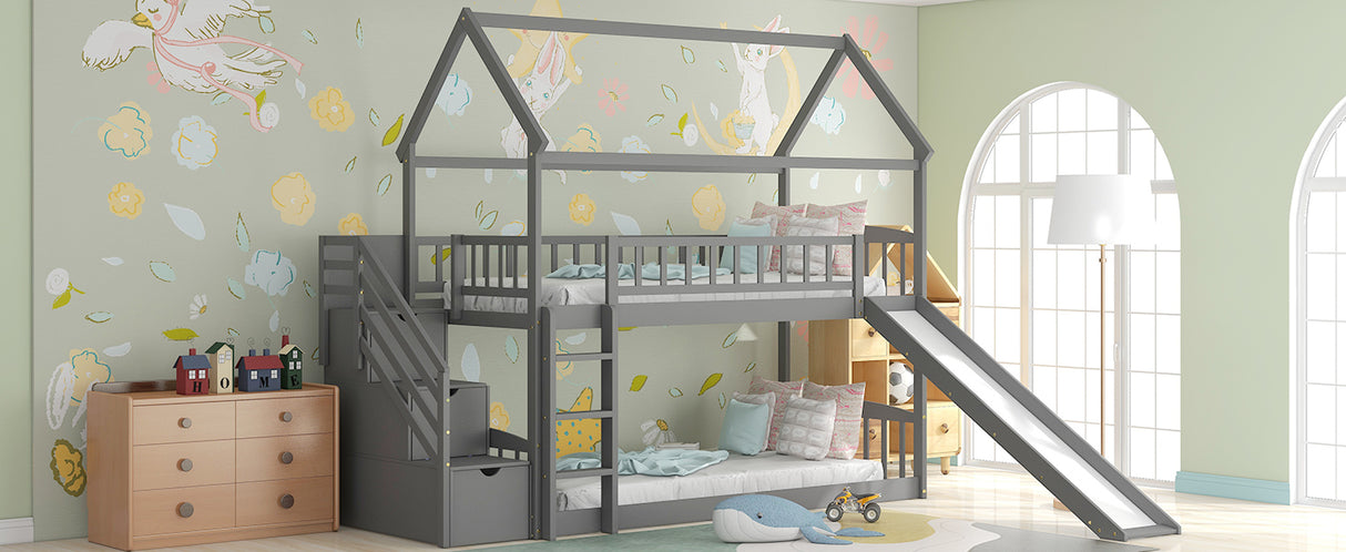 Twin Over Twin Bunk Bed with Drawers and Slide, House Bed with Slide,Gray(OLD SKU :LT000215AAE) - Home Elegance USA